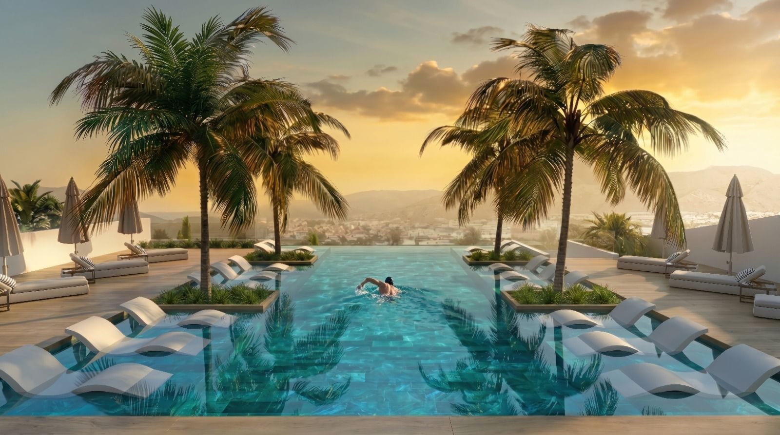 Infografía 3D de la piscina del conjunto entre palmeras al atardecer, con tumbonas alrededor